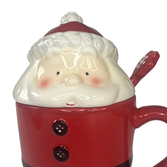 Santa Claus Ceramic Mug Lid & Spoon Red White Holiday - Picture 8 of 10